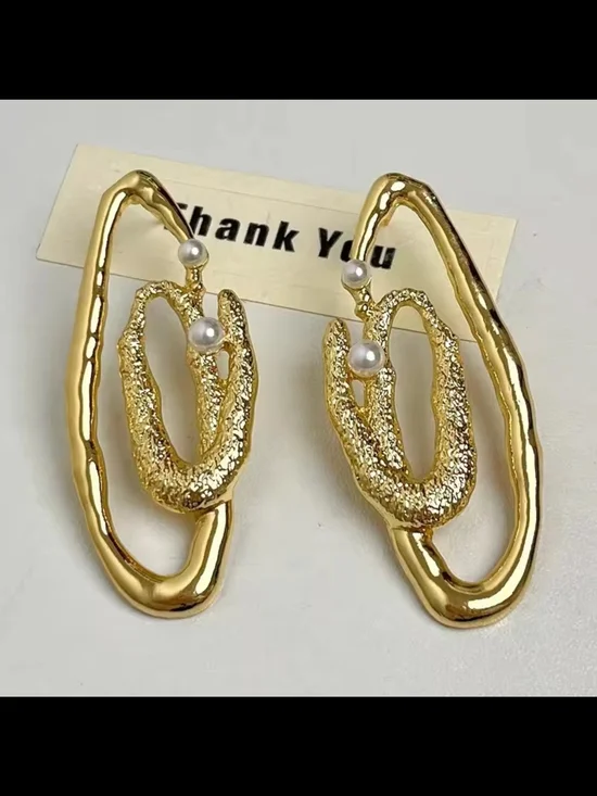 Gold Textured Loop Earrings with Pearl Accents - Picture 1 of 3